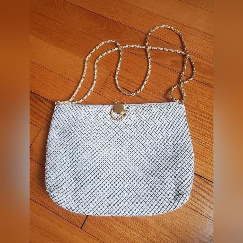 Vintage White Enamel Metal Mesh Crossbody Bag Gold Chain Y2K 90s Aesthetic